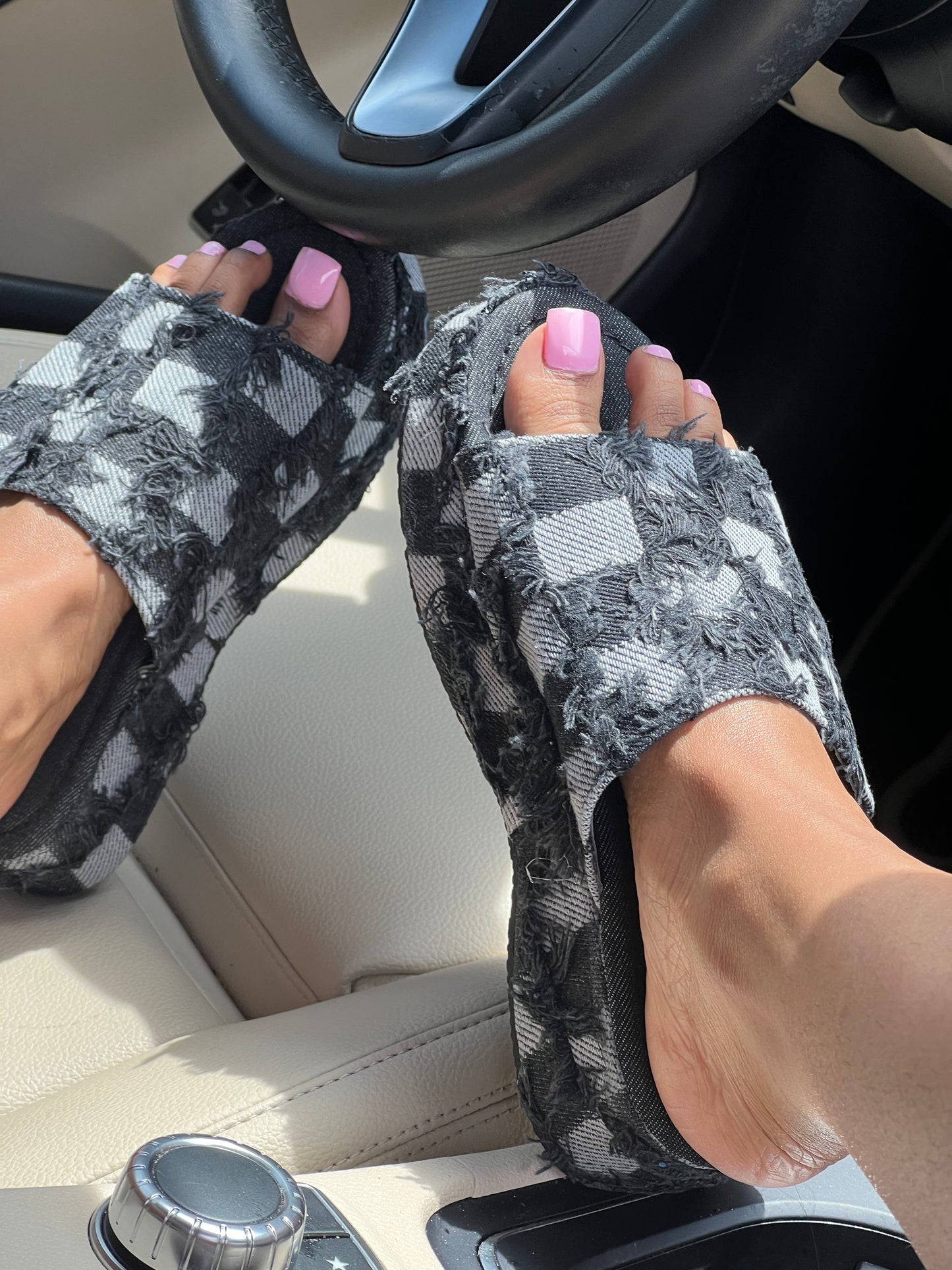 Denim patchwork slides