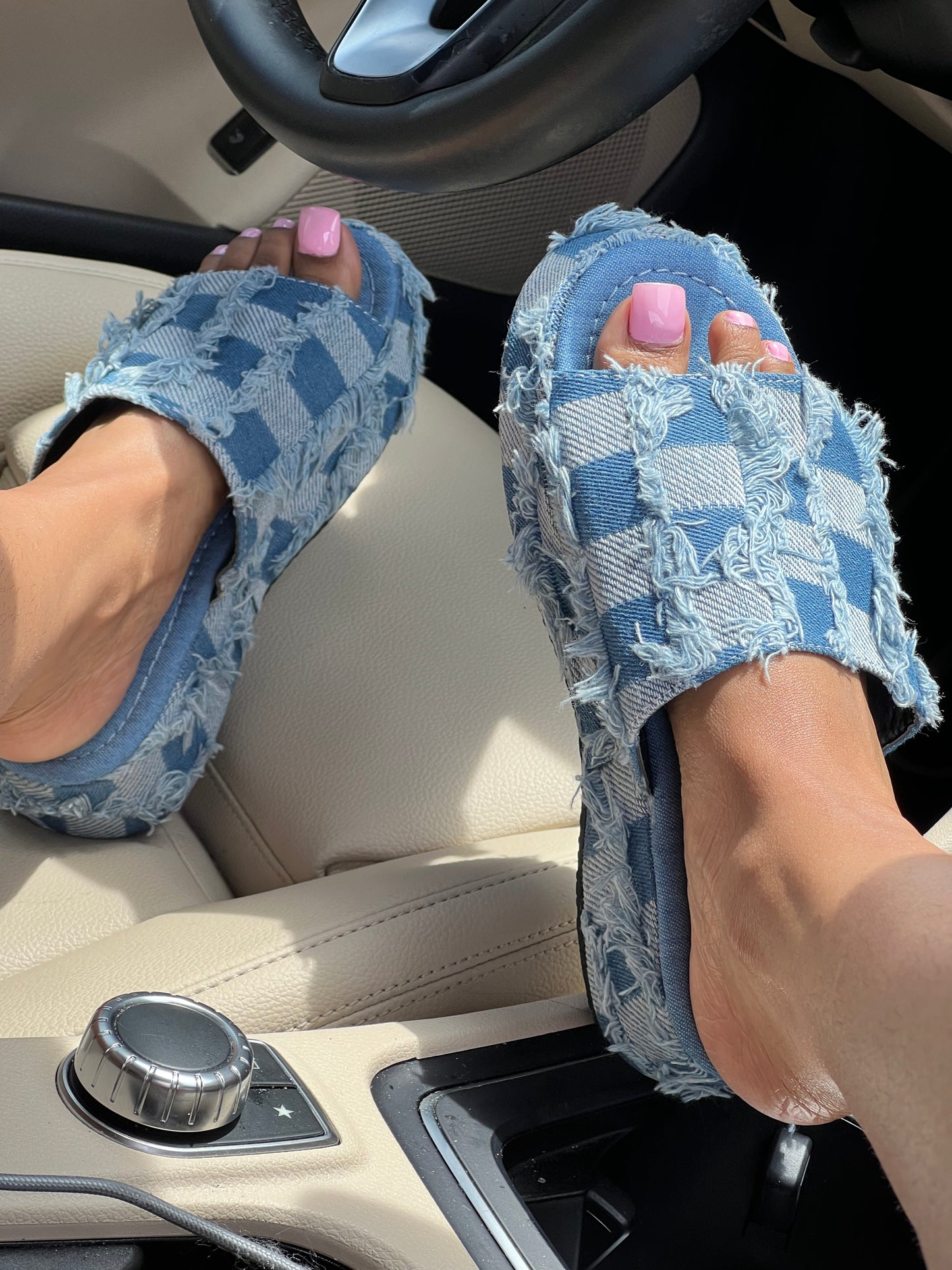 Denim patchwork slides