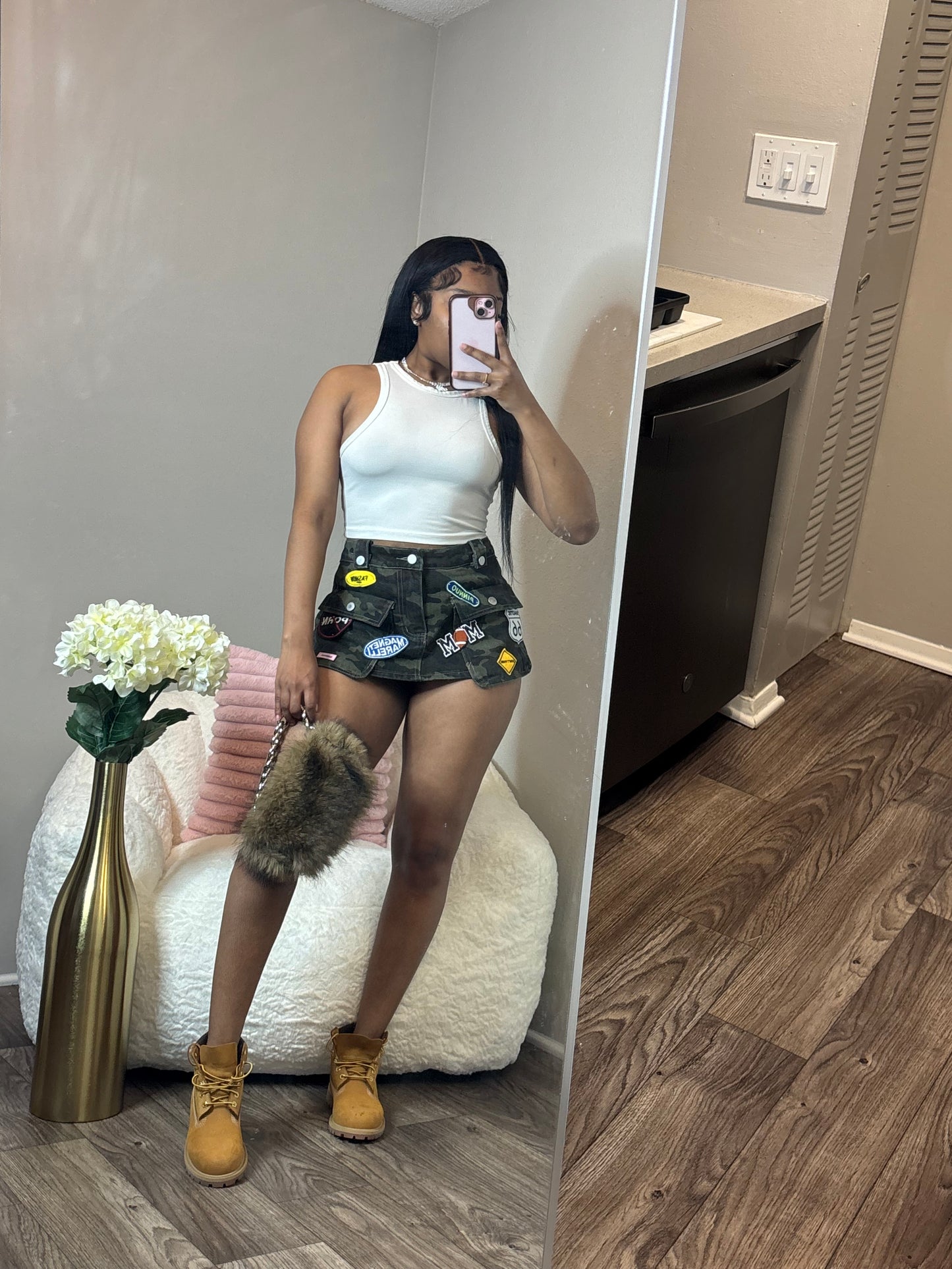 Camo Patchwork Denim Skirt